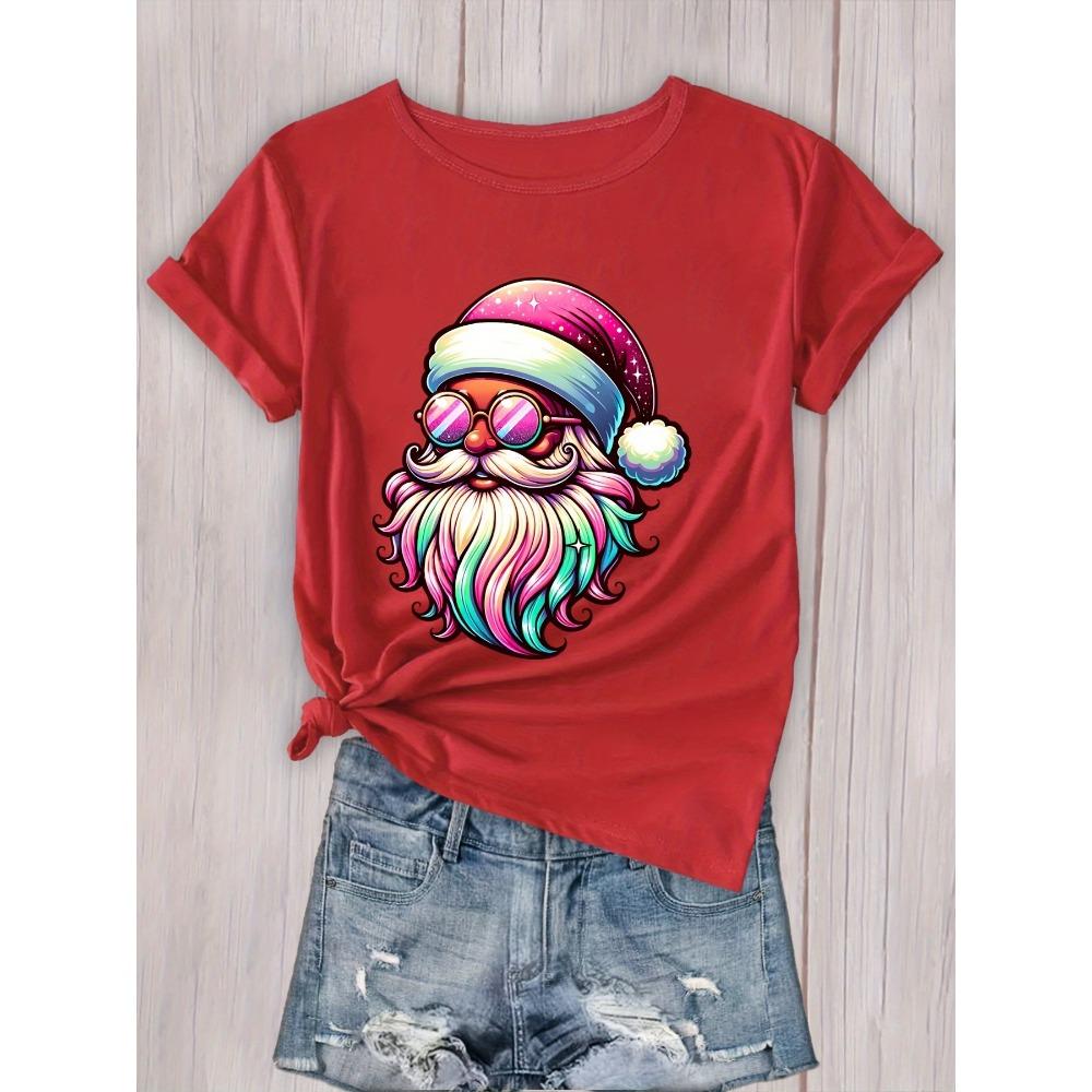 Holiday Santa Claus Pattern Printed T-shirt Women's Sleeves Aesthetic Clothing