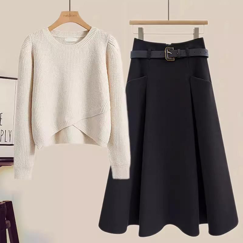 Autumn Women's Suit New Fashion Temperament Age-reducing Knitted Top Slimming Skirt Two-piece Set