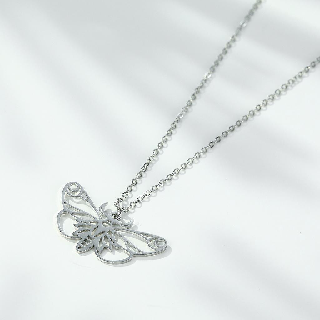 Kinitial Stainless Steel Butterfly Pendant Necklace Women Charm Geometric Butterfly Charm Moth Necklace