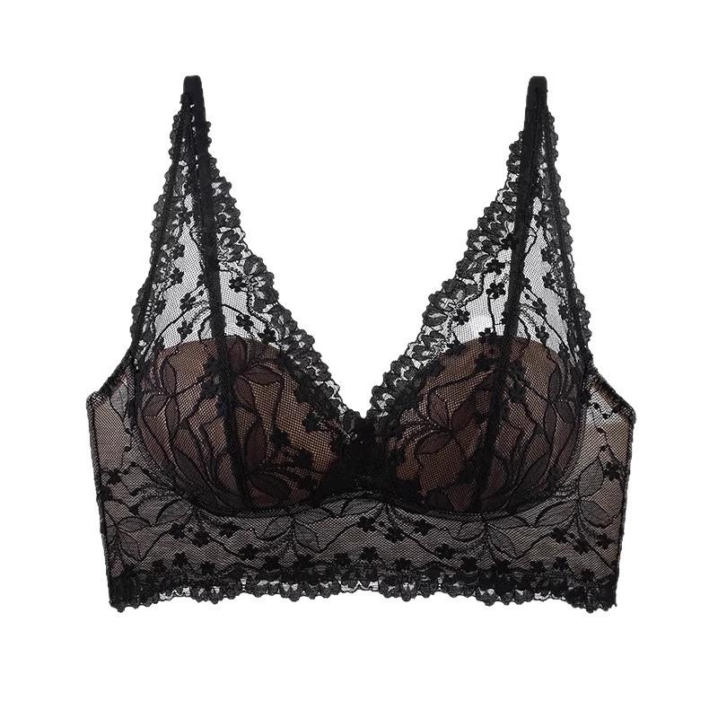Women Lace Patch Wireless Bra Longline Lift Support Scallop V Neck Everyday Comfort Lingerie