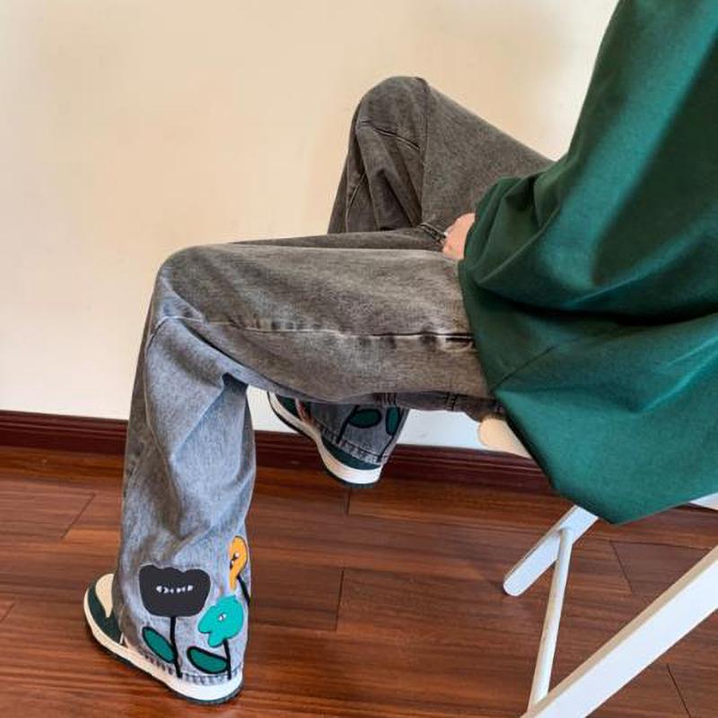 Pantaloni Jeans Largi pentru Bărbați Y2K cu Imprimeu Floral Streetwear American Casual Denim Pantaloni Hombre Vintage Drepți
