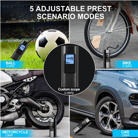12V Portable Air Compressor 150PSI Rechargeable Mini Electric Tire Inflator Digital Pressure Gauge