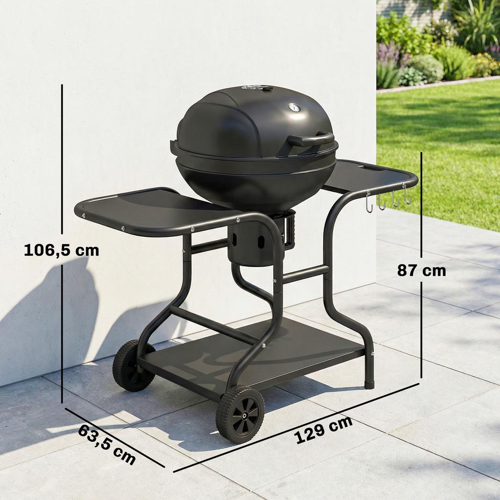 Barbacoa de Carbón Ahumador con Mesas Laterales Tapa Termómetro Ruedas 129 x 63.5 x 106.5 cm