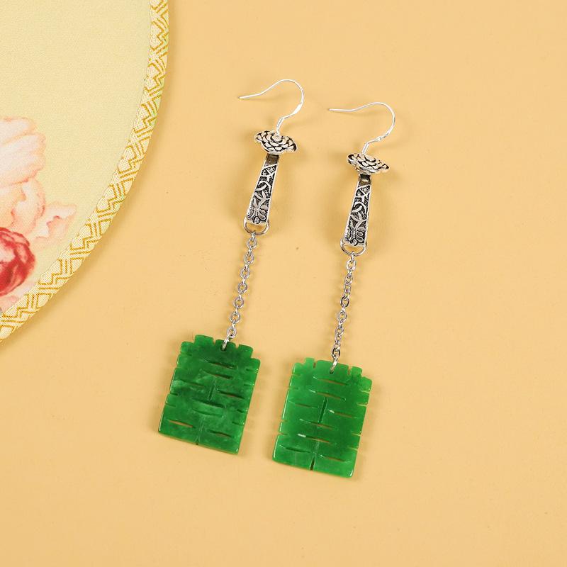 Original design earrings, ancient silver jade dry green double happiness characters, long fringed earrings, retro temperament earrings, women's