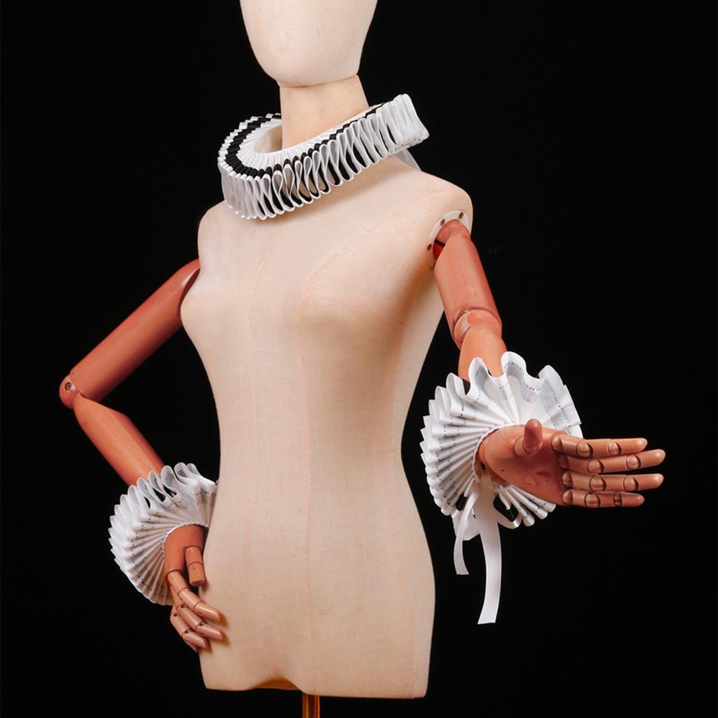 Renaissances Black Edging Ruffled Neck False Collar Victorian Clown Choker Scarf and Wrist Cuffs Set for Cosplay Costume