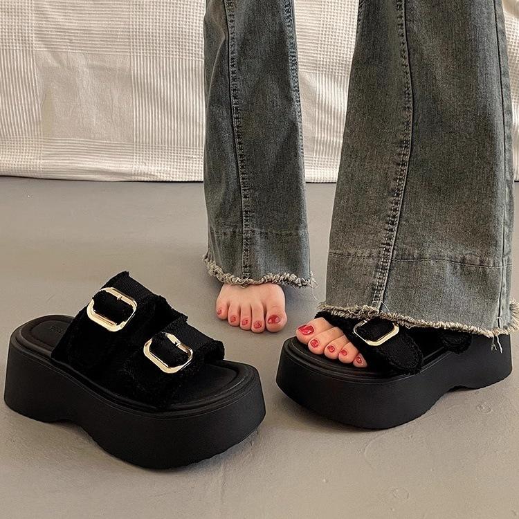 Thick-soled Muffin Sandals Women's New Versatile Denim Cloth Slippers Sports Sandals European Goods Are Increasing