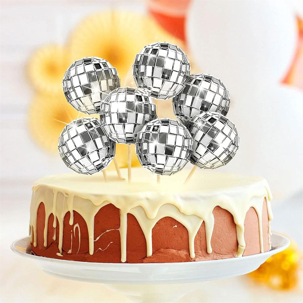 24Pcs Reflective Sphere Toppers for Cake Decoration Easy Install Ornament for Cupcake Birthday Cake Accessories