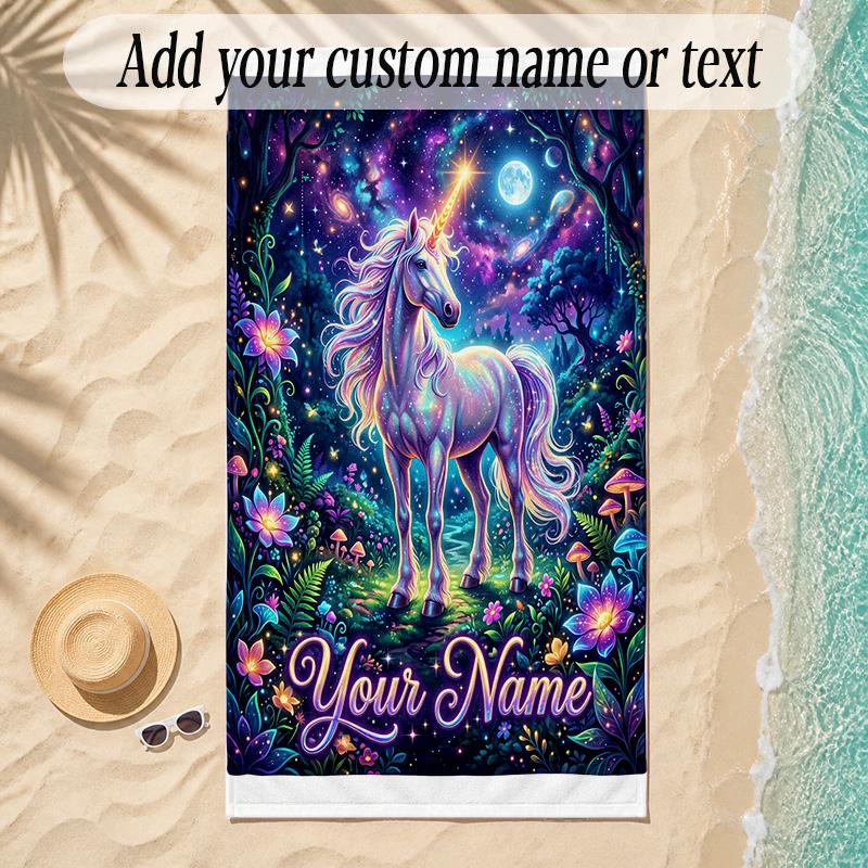 Unicorn Theme Soft Beach Towel Personalized Custom Name Text Towel Portable for Beach Pool Travel