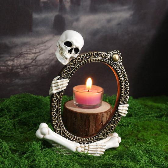 Vintage Skeleton Mirror Frame Statue Gothic Halloween Skull Hold Mirror Figurine Resin Skeleton Sculpture for Shelf Mantel Home Office Decor