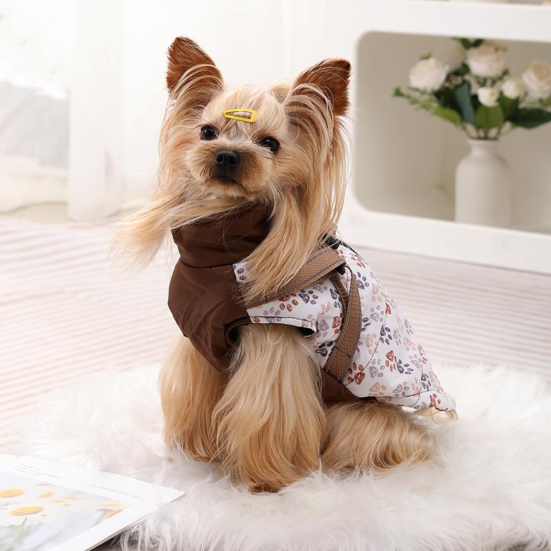 Dog Clothes with Harness for Small Medium Dogs Cats Autumn Winter Warm Reflective Puppy Vest Jacket Paw Printed Pet Coat Outfits