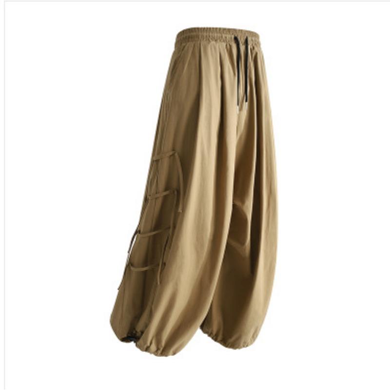 Men's Khaki Drawstring Waist Balloon Pants Casual Streetwear Baggy Cargo Pants