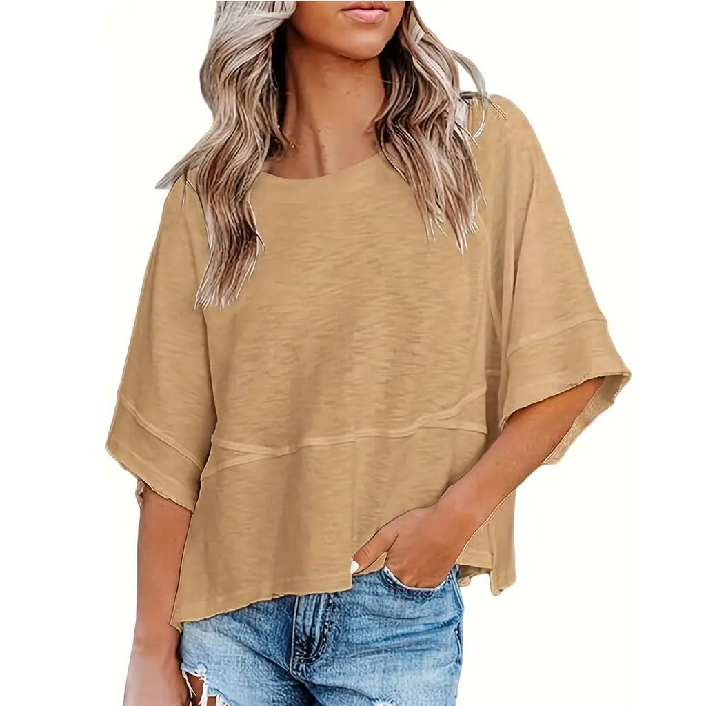 Women's Patchwork Solid Color Round Neck Three-quarter Sleeve Pagoda Sleeve Loose T-shirt