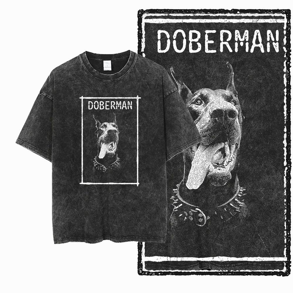DoberUnisex Dog Vintage Graphic Printed Washed Distressed Big Size Black Cotton Unisexs Retro TShirt G