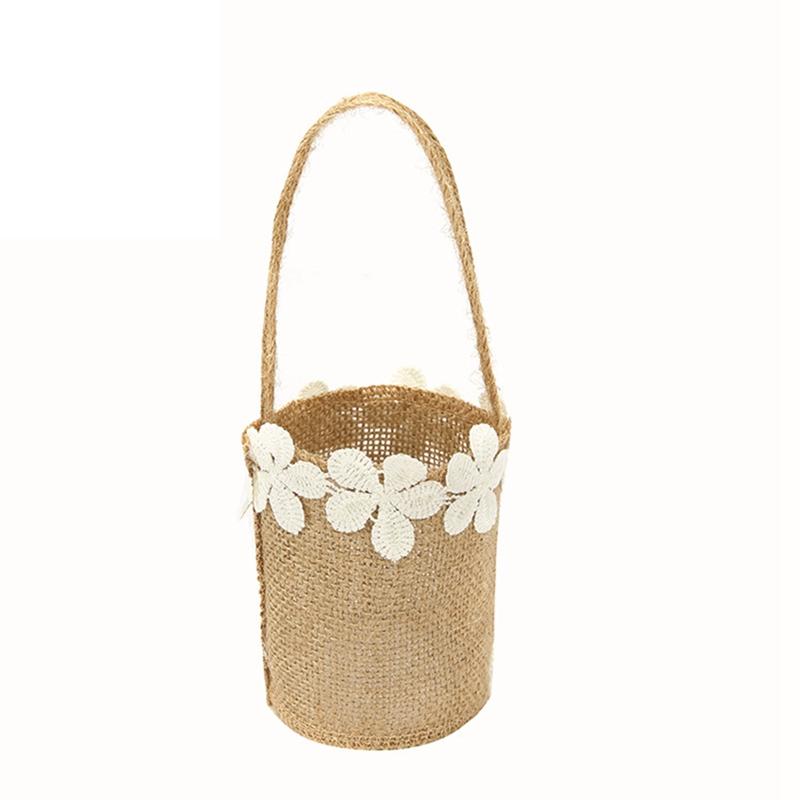 Wedding Lace Burlap Flower Basket Linen Handle Vintage Rustic Wedding Ceremony Table Decoration Baby Shower Party Candy Gift Bag