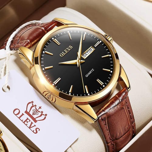 OLEVS Men's Watch Arm Watch Stylish Ultra Thin Leather Strap Quartz Analog Date Display Watch for Men