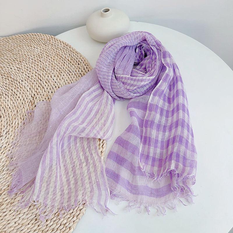 100% Natural Linen Woman Scarf Hijab Shawls Breathable Latticed Colorful Scarves With Tassels
