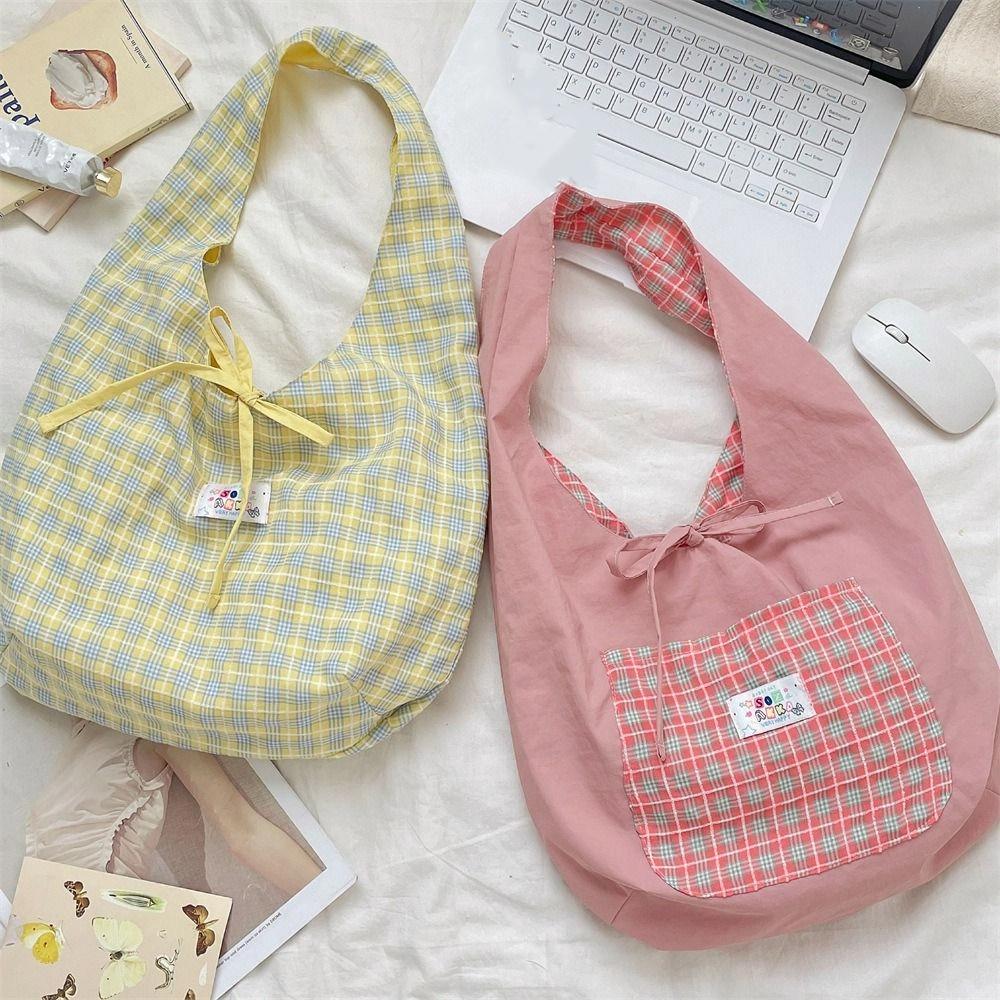 Sweet Double Sided Vest Bag Cloth Canvas Tote Bag Casual Lattice Shoulder Bag  Women