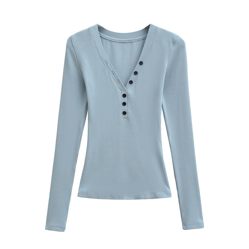Spicy Lazy Girl V-neck Button Long Sleeve Women's Autumn/Winter Base Layer Elastic Fit T-shirt