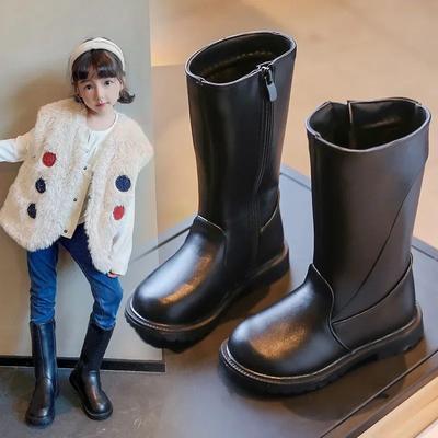 Girls Long Boots Black PU Leather Kids High Boots Autumn Winter Fashion Warm Fur Children Motorcycle Boots Simple Classic