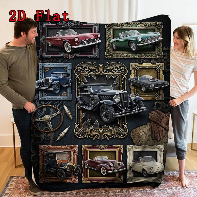 Vintage Car Art Rug 2D Flat Pattern Flannel Blanket, High Quality All Seasons, Home Decor, Warmth and Comfort, Perfect for Christmas Gifts.