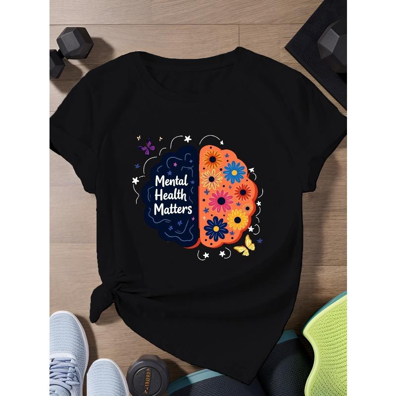 

Women s Plus Size Sports Short Sleeve T-Shirt - Black Geometric Brain Design with Floral & Stars, Breathable Summer Casual Activewear S чёрный