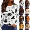 Womens Halloween Print Long Sleeve Top Round Neck Casual Pullover Shirt with Side Slit Hem Lightweight Stretchy Fabric