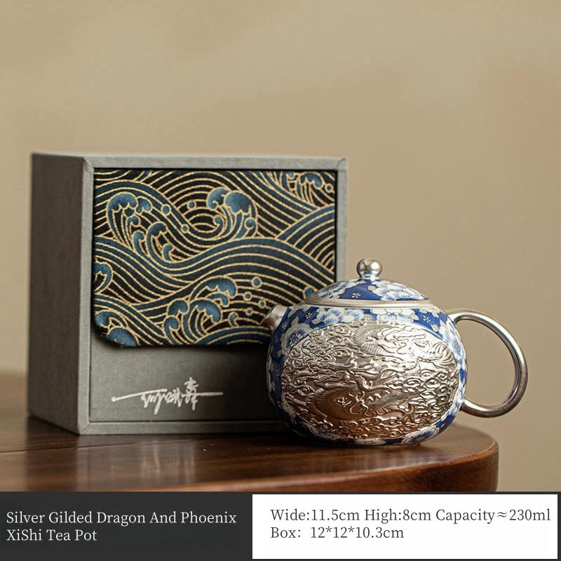 230ml Master He Fusen Hand Made Silver Gilded Dragon And Phoenix XiShi Tea Pot Silvering Tea Set Blue&White KungFu Tea Set
