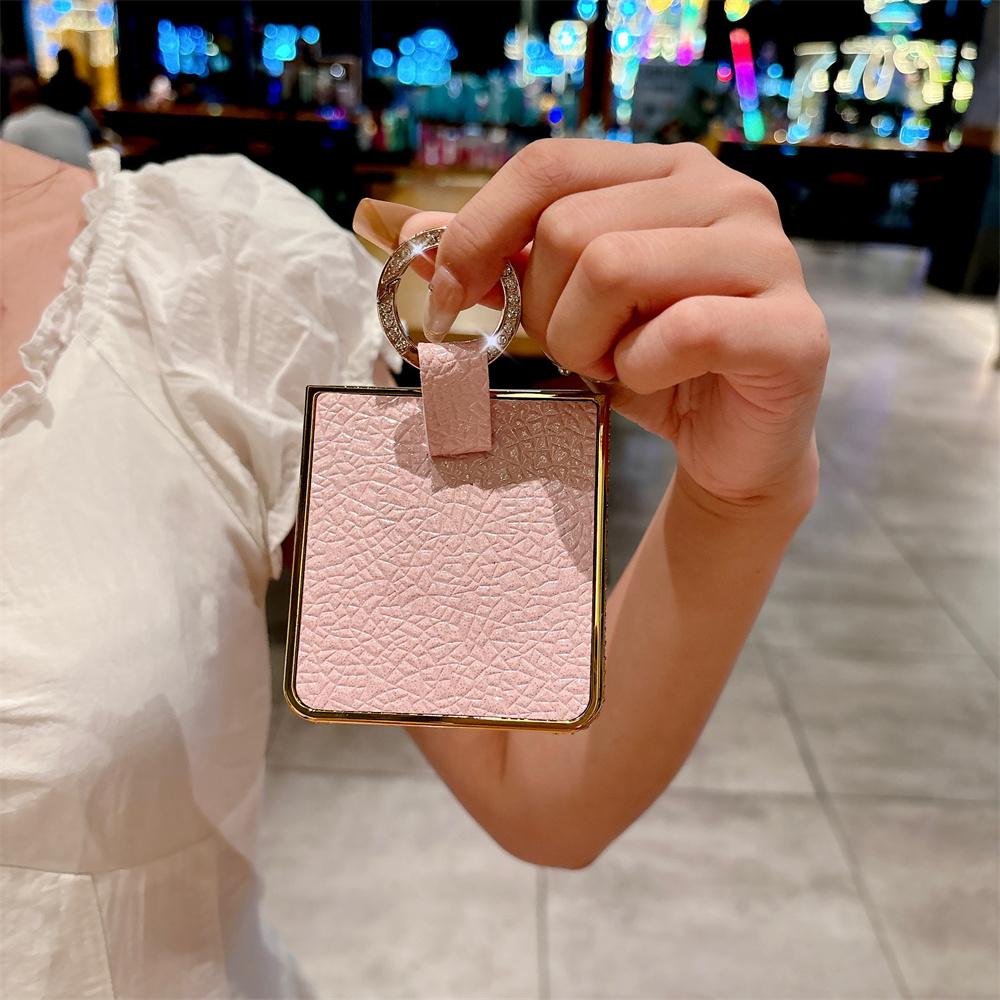 Luxus Strass Beschichtet Rahmen Litschi Leder Handyhülle Für SAMSUNG Z Flip 7 6 5 4 3 Fingerring Unifarbene Schutzhülle