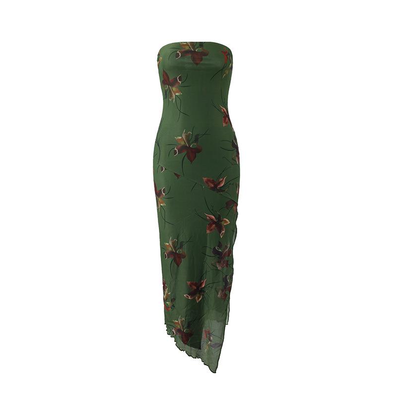 

Summer Women S Vacation-Style Slim-Fit Vintage Print Sexy Strapless Split Double-Layer Dress S зелёный