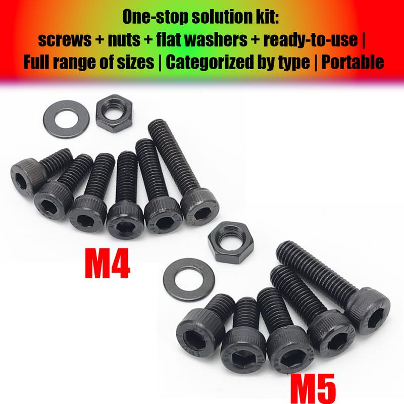 370pcs/12.9 Grade Black Hex Socket Head Cap Screws, Nuts, and Flat Washers Set; DIN912 Metric Bolt Fastener Set; M4 and M5 Bolts