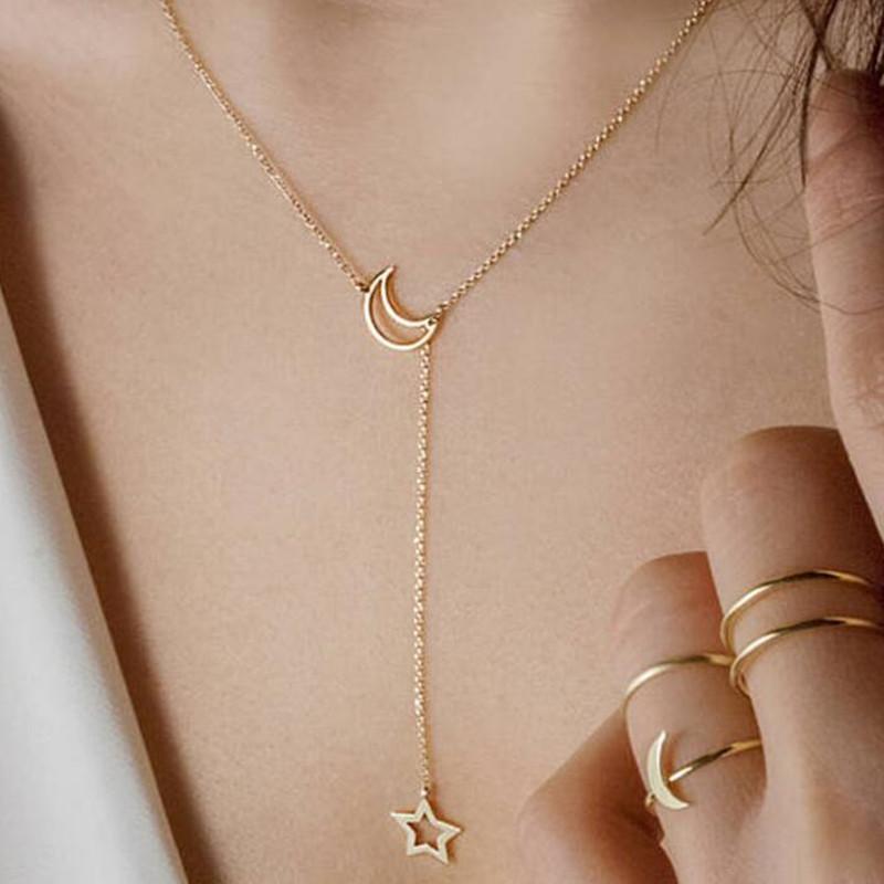 New Fashion Jewelry Star Moon Choker Necklace Gift For Women Girl Gold Color Chain Hollow Star Pendant Necklace