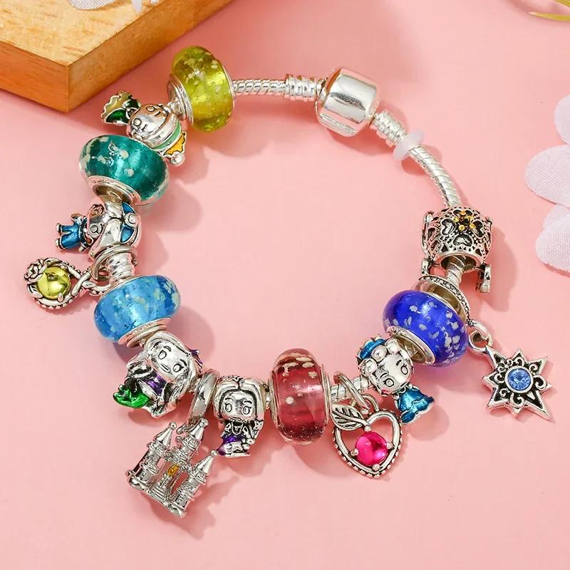 Colors Enamel Disney Princess Dress Charms Pulseiras for Girls Colorful Glass Beads Bracelets&Bangles Women Cartoon Skirt Dangle