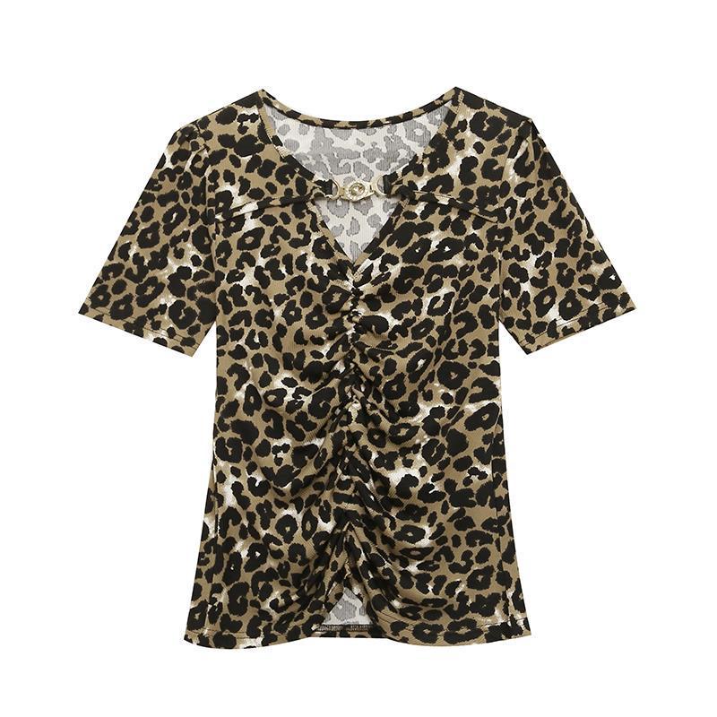 2023 Europäisches V-Ausschnitt Leopardenmuster Damen Slim Fit Kurzarm T-Shirt