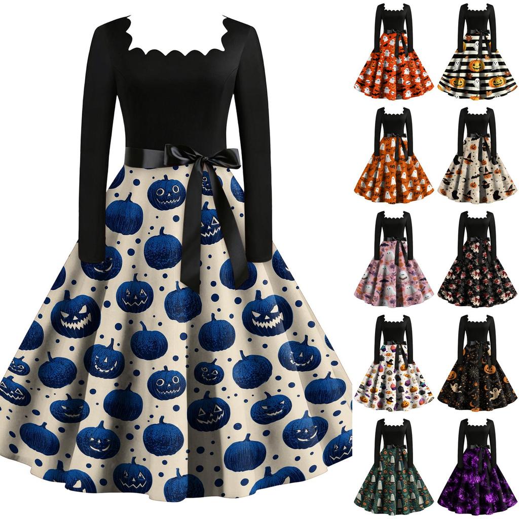 Women's Vintage Long Sleeve Square Neck Halloween Print Party Dress with Flared Skirt and Waist Tie for Evening Events
