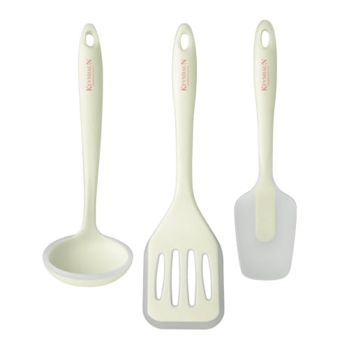 Kevnhaun 3-Piece Silicone Kitchen Utensil Set (Turner, Ladle, and Spatula) - White. Cleanly Scoops Away from Pans and Pots Without Scratching Them. He