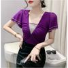 New Summer Women Tops Sexy V-Neck High Stretch Slim T-shirts Female Short Sleeve Mesh Hot Diamonds Tees All Match Casual Blusas