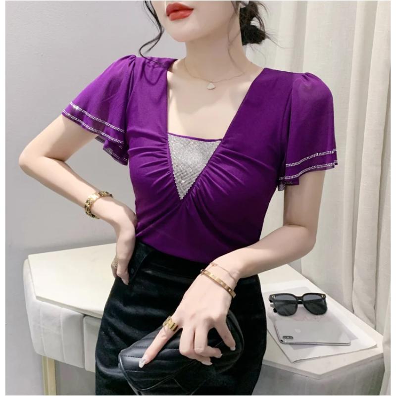 New Summer Women Tops Sexy V-Neck High Stretch Slim T-shirts Female Short Sleeve Mesh Hot Diamonds Tees All Match Casual Blusas