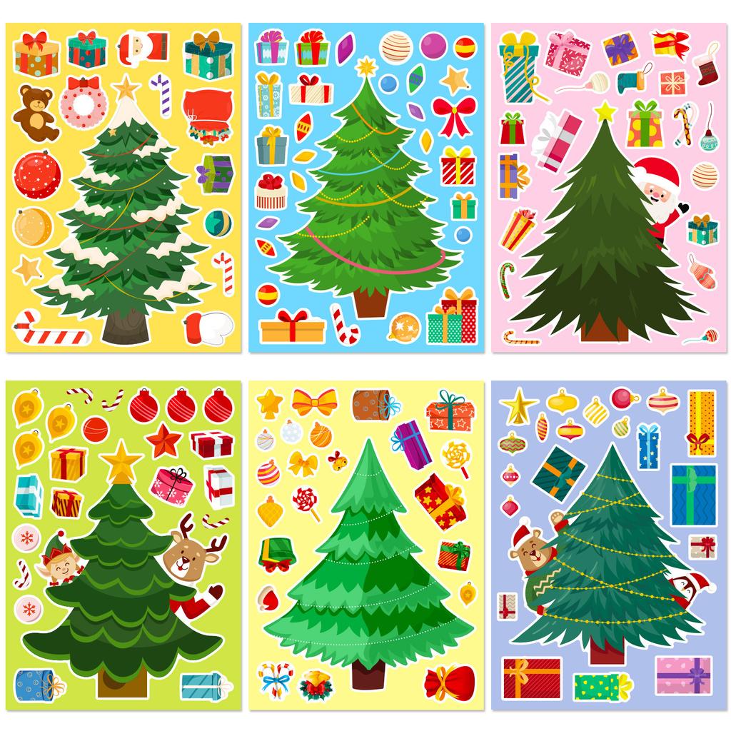 6 Photos/package Christmas Celebration Puzzle Face Swap Stickers Parent-child Interaction Christmas Tree DIY Cartoon Doodle Stickers