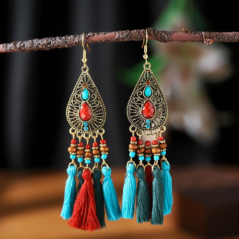 Bohemian Ethnic Style Tassel Earrings for Women Retro Waterdrop Round Fan Shaped Handmade Beaded Dangle Earring Lady Jewelry