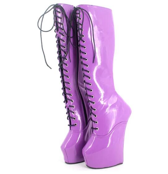 Fashion FHC New Wedges Pony Heelless Knee High Boots,Fetish Dance Shoes,Men Cosplay Botas,20cm,5cm Platform,Purple,Customized Color