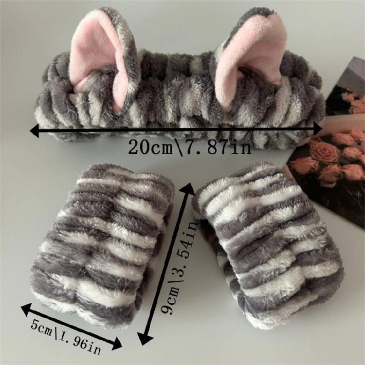 3 Pieces Plush Headband Set for Face Washing with Kitten Ears  Absorbent Wristbands for Face Washing