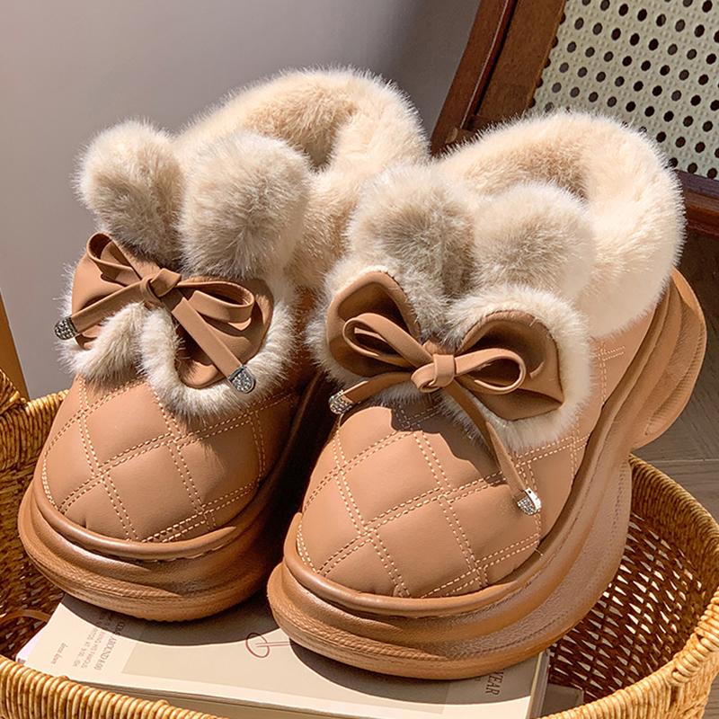 Cute Bowknot Faux Rabbit Fur Warm Snow Boots for Women Winter Thicken Plush Cotton Shoes Woman Thick Platform Fluffy House Shoes