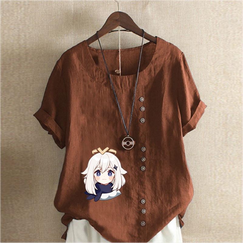 Damska Koszulka T-shirt z Okrągłym Dekoltem i Krótkim Rękawem Casual Bawełniana Lniana Koszula z Nadrukiem Luźna Białe Włosy Dziewczyna Nadruk Letnia Bluzka Top