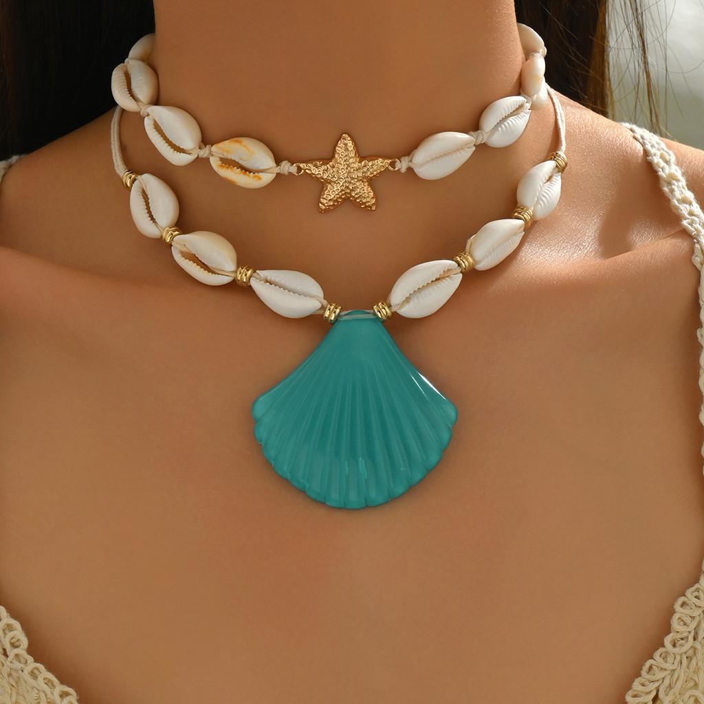 Shell Necklace For Women With Double Layer Resin Animal Pendant Summer Jewelry синий