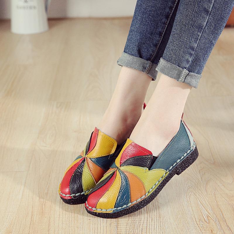 Spring new flat-soled women's shoes color matching leather women's single shoes casual large-size shoes