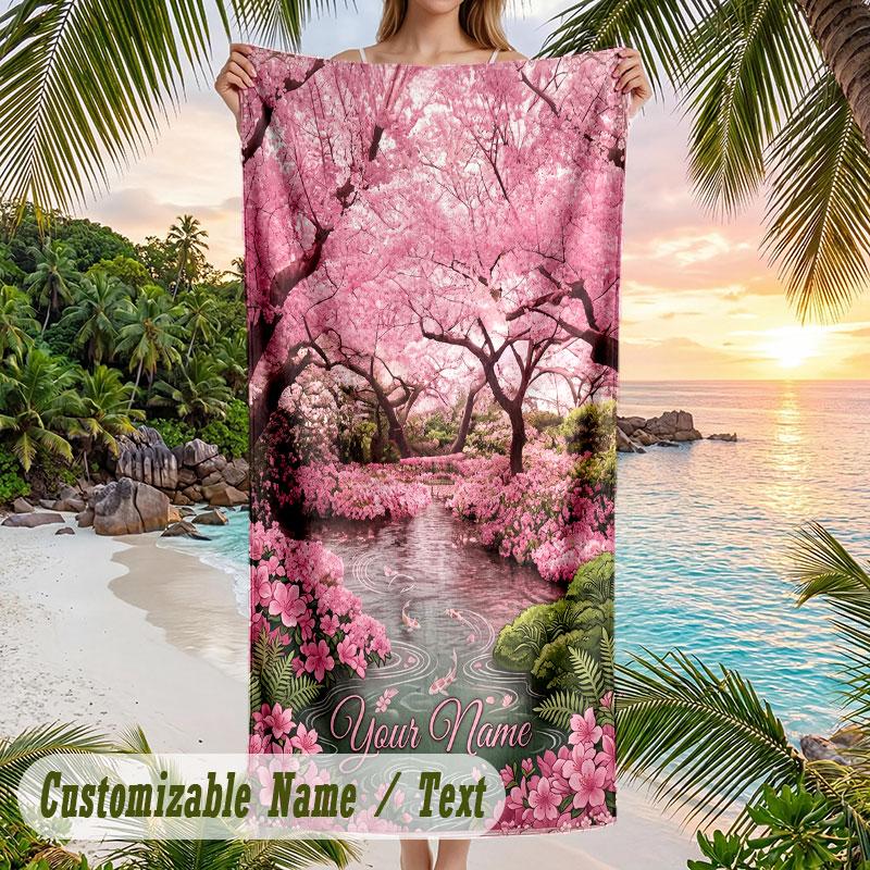 Cherry Blossom Artwork Theme Quick Dry Beach Towel Custom Name Text Print Large Sand Resistant Towel Beach Vacation
