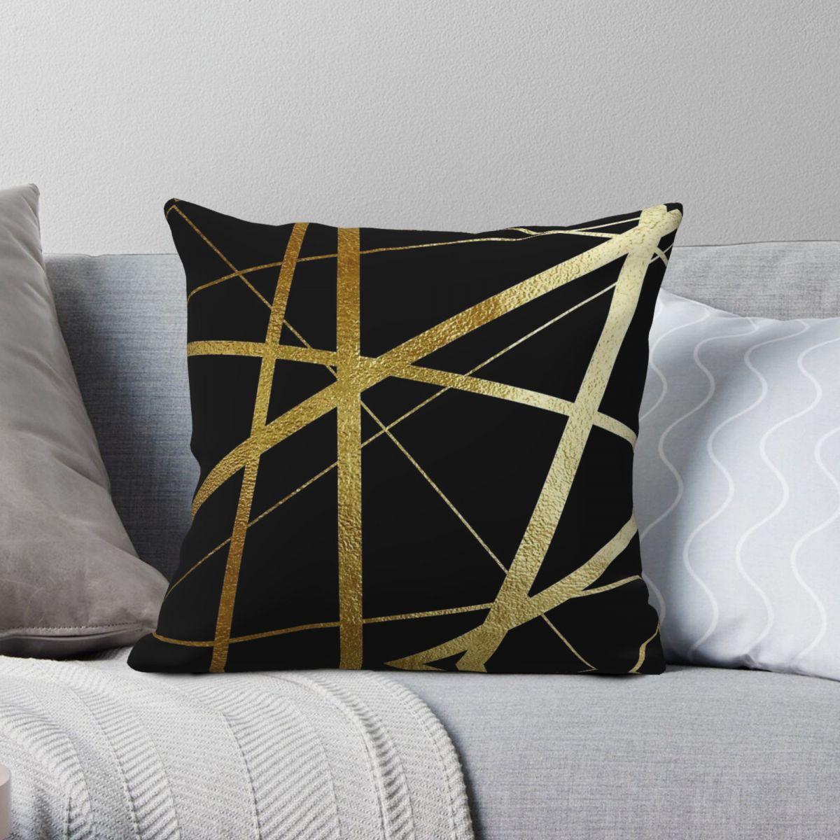 Green Harvest Unisex Black/Gold Geometric Luxe Square Pillowcase Polyester Linen Velvet Creative Zip Decor Pillow Case Home Cushion Cover