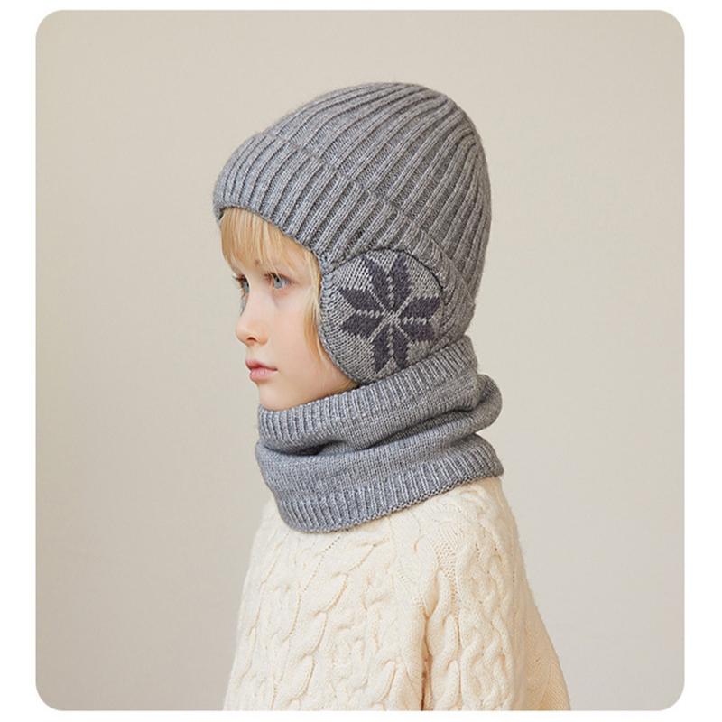 2Pcs/set Winter Kids Hat Scarf Child Bonnet Snowflake Pattern Knitted Young Age Hats Outdoor Children Warm Accessories 4-10Y