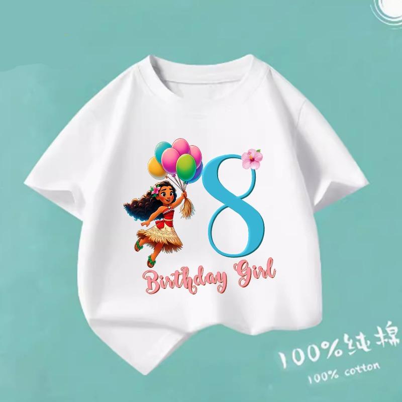 Moana 2 Cartoon Pattern Numbers Girls Cute T-shirts Kids Birthday Party Clothes 1-9 Print Child Tee Fashion Summer T Shirt Gifts
