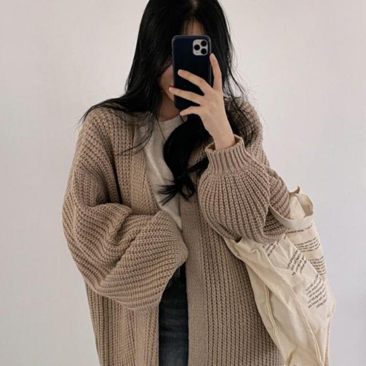 Women Knitted Cardigan Jacket V Neck Open Front Long Sleeve Solid Color Knit Sweater Coat Daily Wear